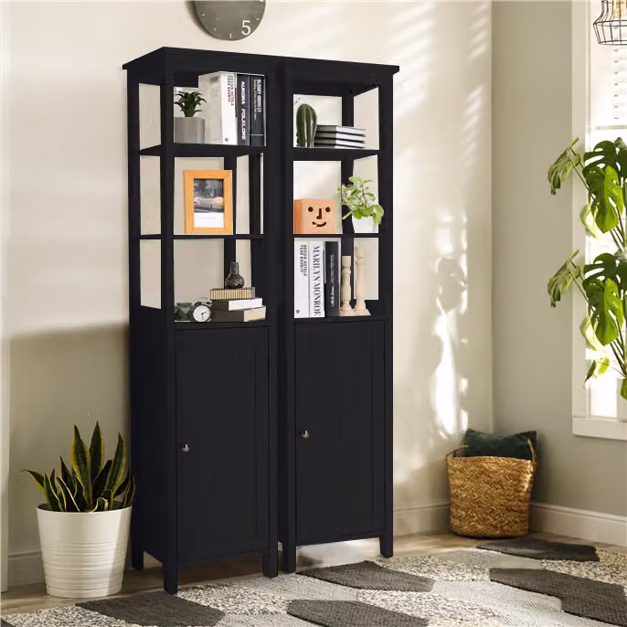 Costway Mobiletto portaoggetti da bagno moderno in MDF nero con ripiani interni e ante a battente