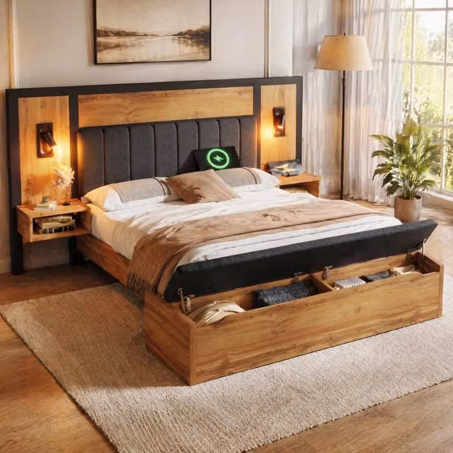 Letto matrimoniale imbottito 160×200 con luci lettura integrate, comodini USB-C e panca contenitore in legno di quercia senza materasso