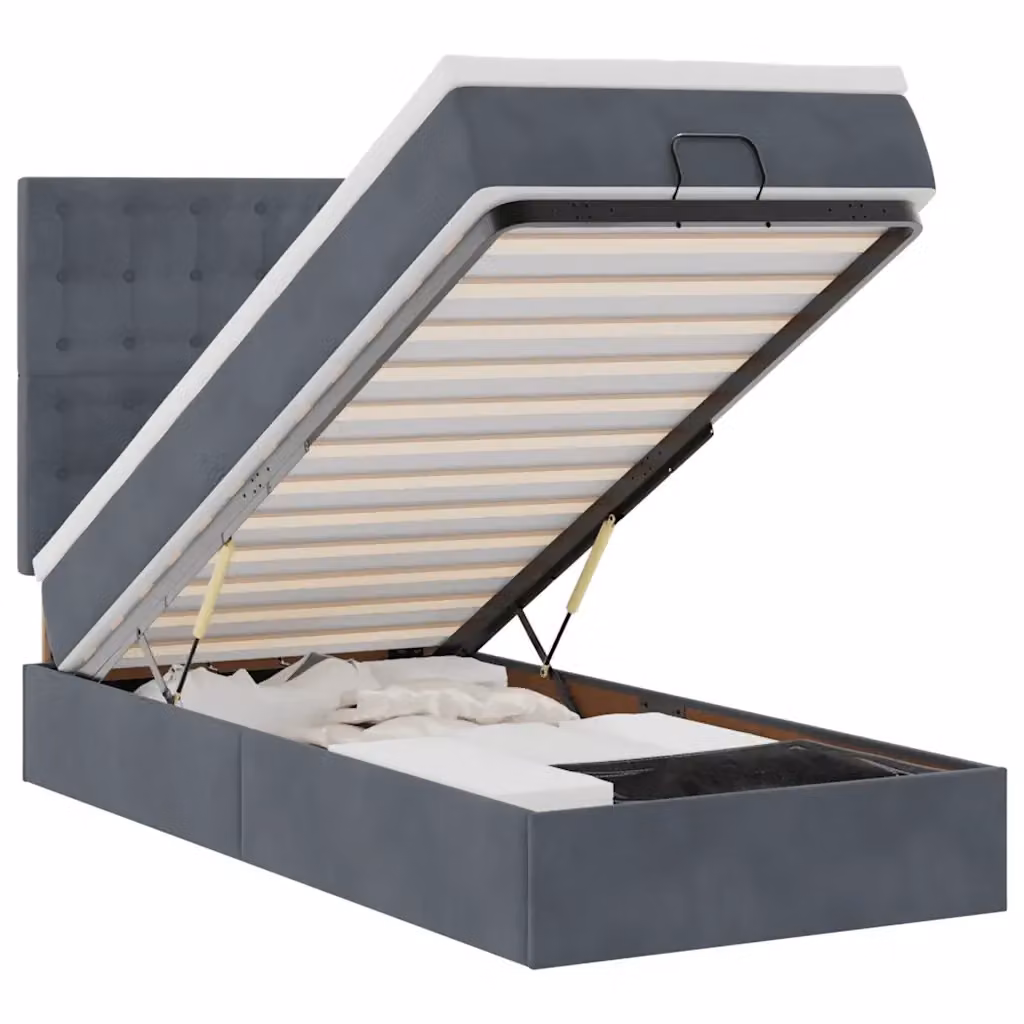 Letto con contenitore a sollevamento vidaXL in velluto con porta USB e illuminazione sottostante, L/P/H: 193 x 90 x 128 cm, Grigio e Bianco – 2