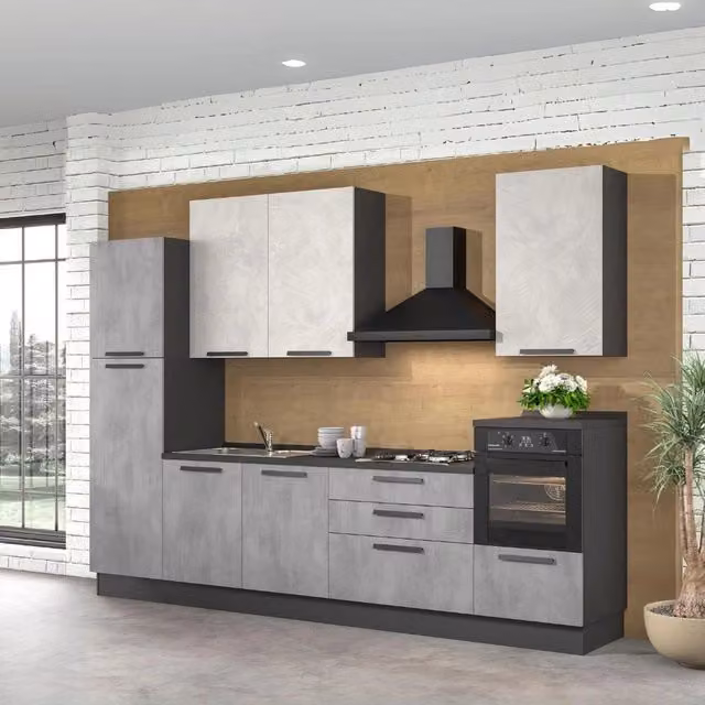 Cucina lineare moderna con elettrodomestici inclusi in MDF color antracite e grigio opaco L: 330 cm, P: 60 cm, H: 240 cm – 1