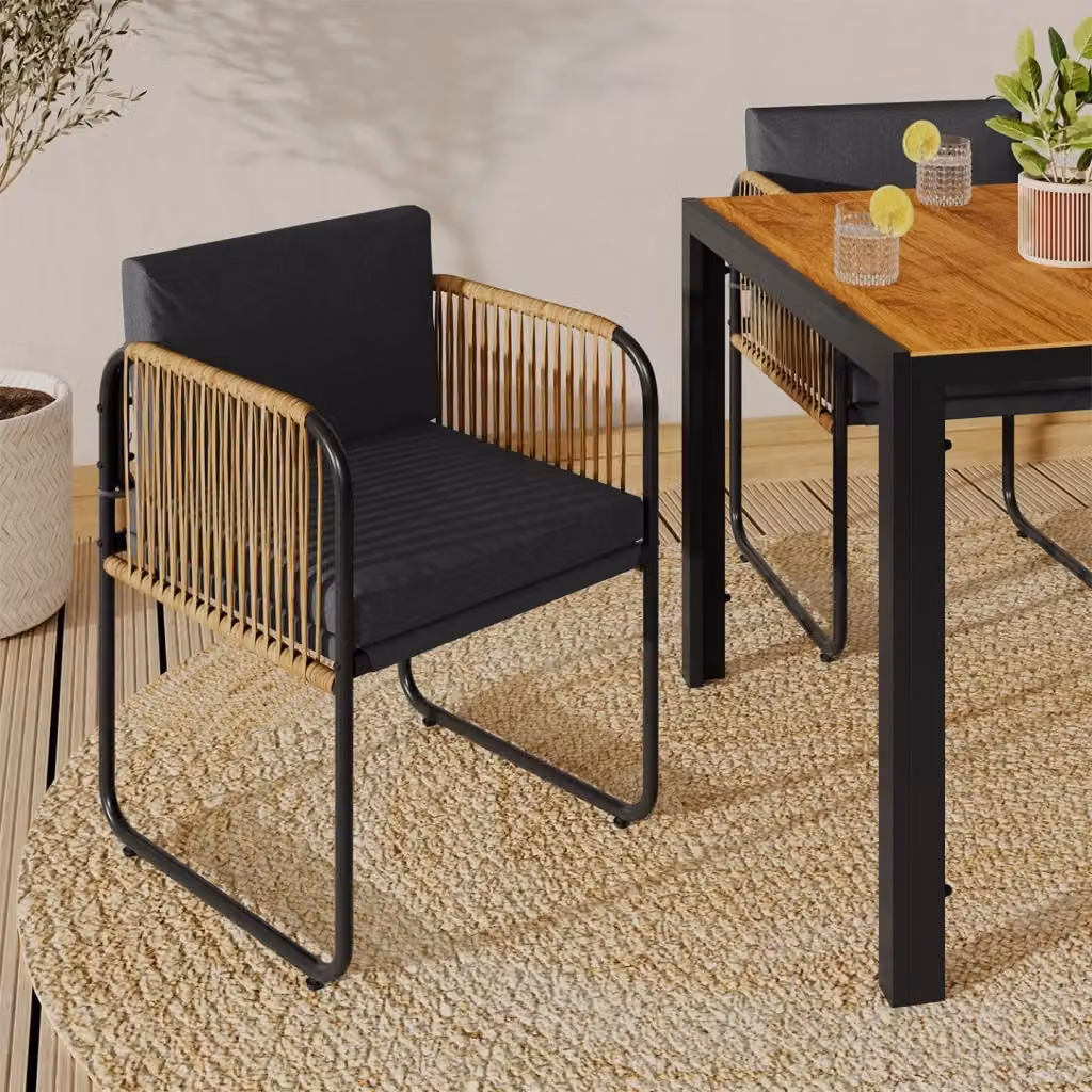 Set di 4 sedie da giardino RIO IDMarket con struttura in metallo nero, cordoncino effetto rattan beige e cuscini neri – 2