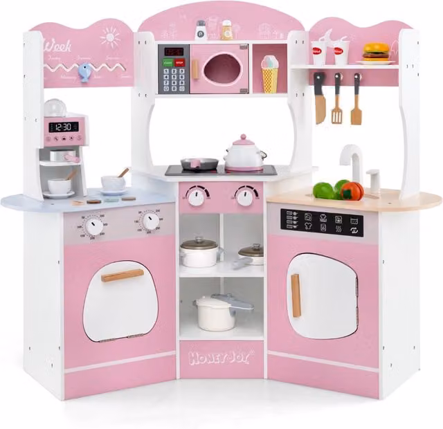 Cucina giocattolo angolare in legno con macchina del caffè, set con luci e suoni per bambini dai 3 anni in su, colore rosa