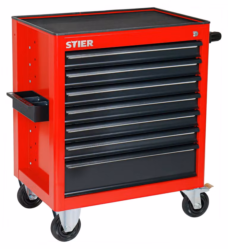 Carrello da officina STIER, vuoto, carrello portautensili, carrello di montaggio, con guide a sfera, 7 cassetti, carico massimo per cassetto 35kg, carico massimo 300kg, pneumatici in gomma piena. Carico 300 kg, pneumatici in gomma piena