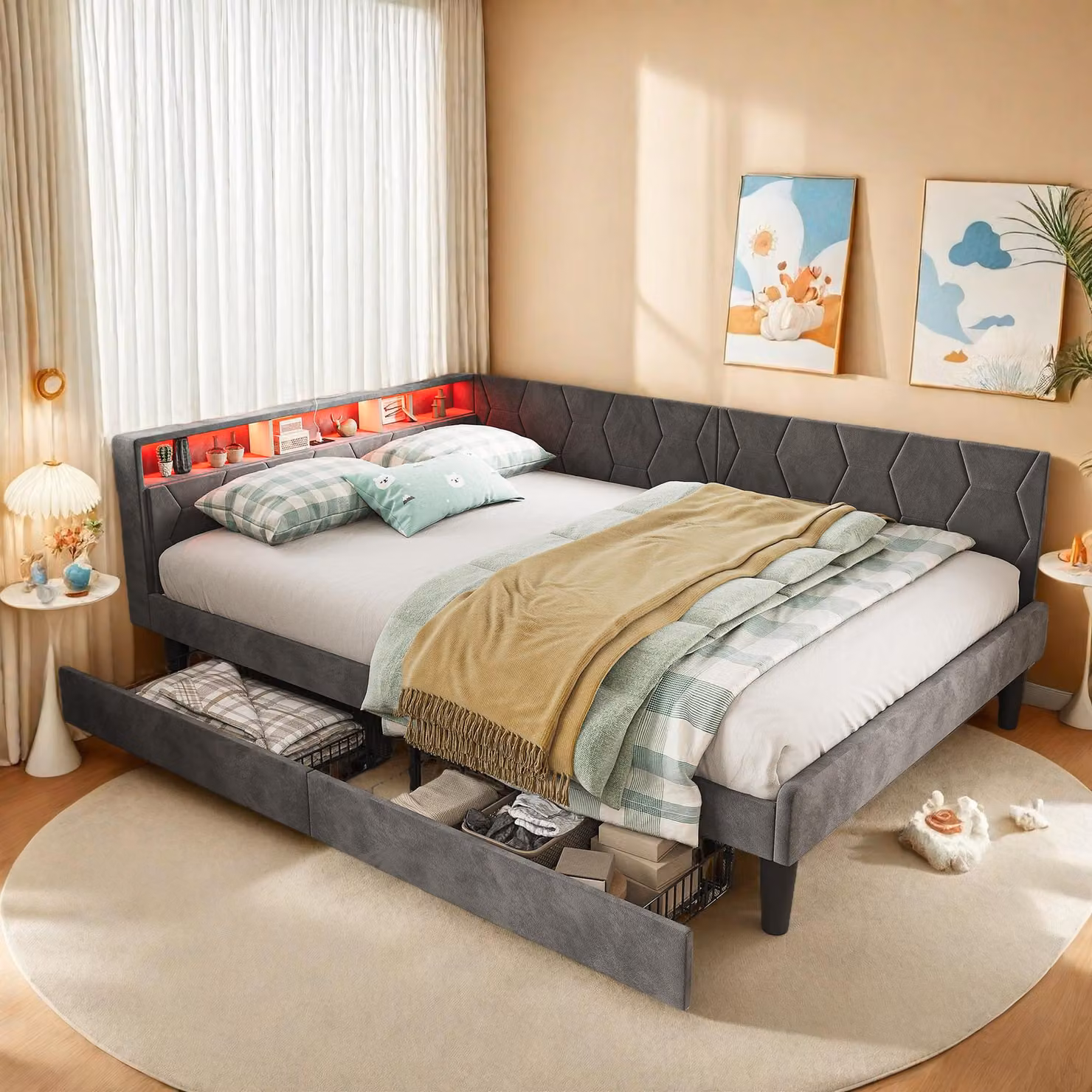 Letto imbottito ProximaX 140x200 cm con illuminazione a LED e porta USB/Type-C, letto con 2 cassetti, letto matrimoniale in velluto, divano letto 2 in 1, grigio