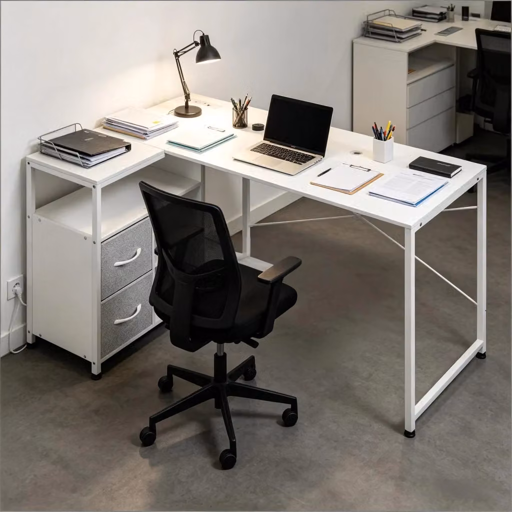 Scrivania angolare reversibile REDOM bianca con piano in MDF laminato opaco L/P/H: 120 x 80 x 75 cm – 2
