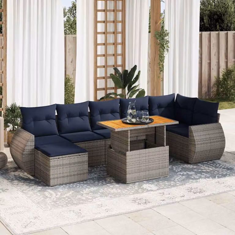 Set Divano da Giardino vidaXL 8 pz a Forma a L con Cuscini Grigio e Blu in Polyrattan e Acciaio