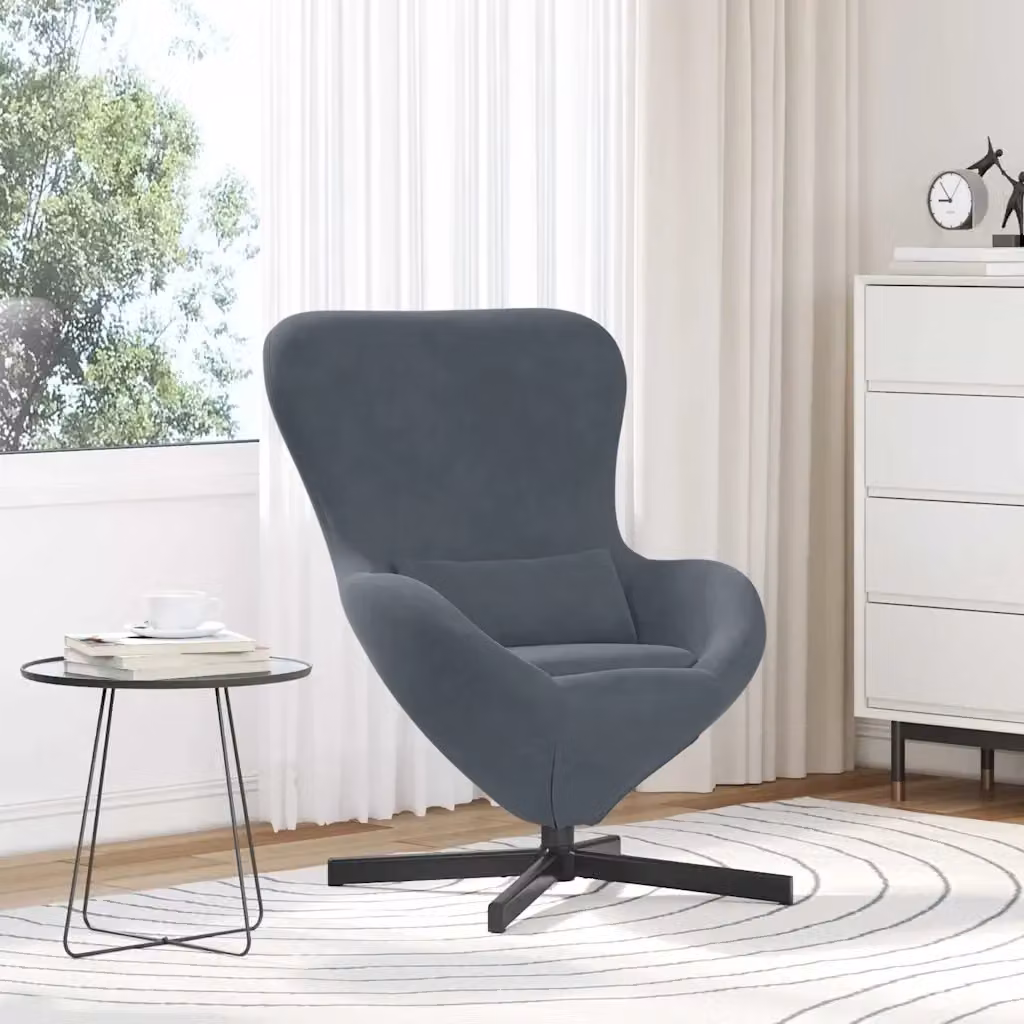 Poltrona Relax Design Uovo in Velluto Grigio scuro con Struttura in Metallo e Seduta Girevole 360 L/P/H: 63 x 73 x 90 cm – 2