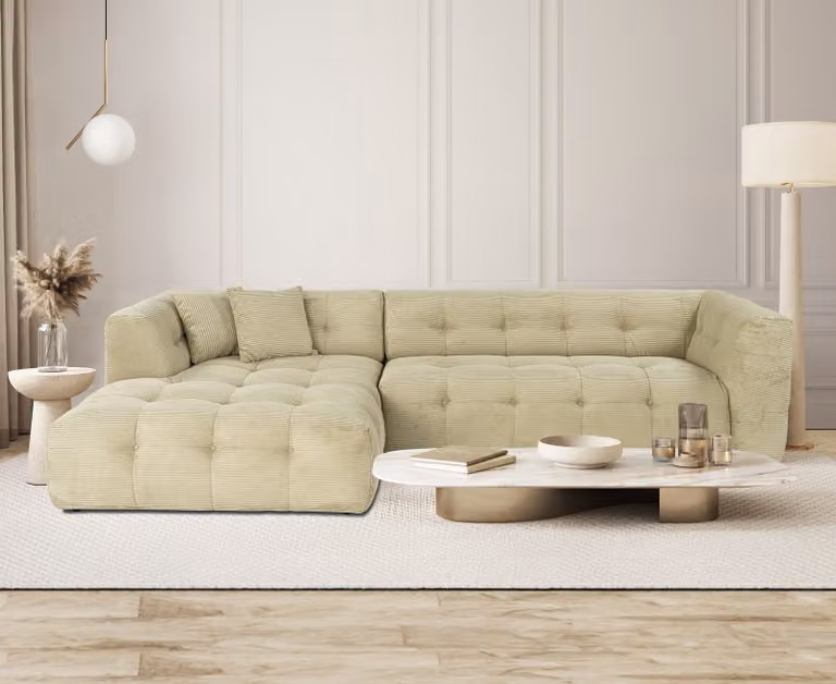 Hanah Home, divano ad angolo verde, 300 x 150 cm | Legno di faggio e pannello truciolare, 100% poliestere, schiuma 28 DNS per lo schienale | Cuscini rigidi, di facile manutenzione, moderni e comodi per la tua casa.