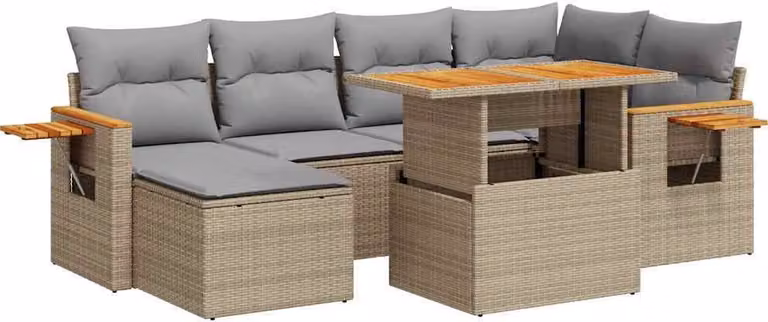 Set Divani da Giardino 7 pz con Cuscini Beige Polyrattan Acacia