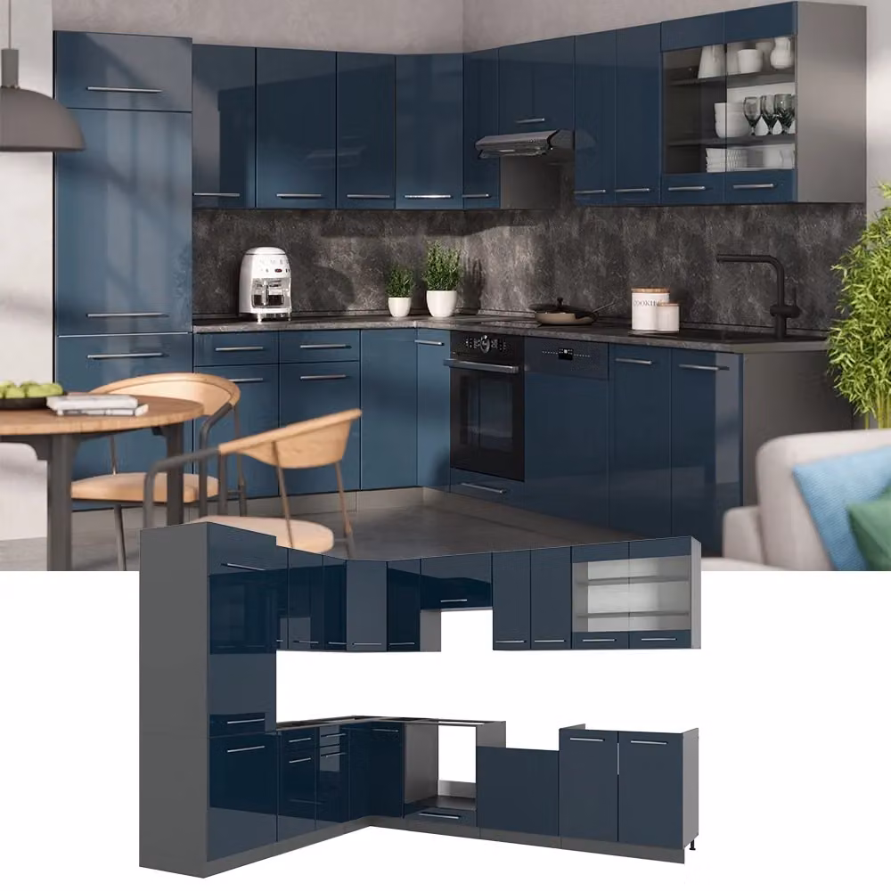 Cucina angolare moderna Vicco Fame-Line Blu scuro lucido e Antracite 287 x 227 cm – 2