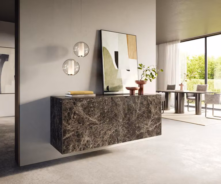 Credenza DELIFE Cuor 150 cm in Vetroceramica Emperador extra lucidata, marrone scuro, 3 ante sospese