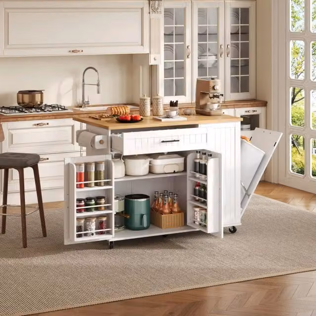 Isola da cucina mobile WISHDOR bianca con piano ribaltabile, carrello portaoggetti, cassetto e ruote frenanti, L: 130 cm, P: 70 cm, H: 93 cm