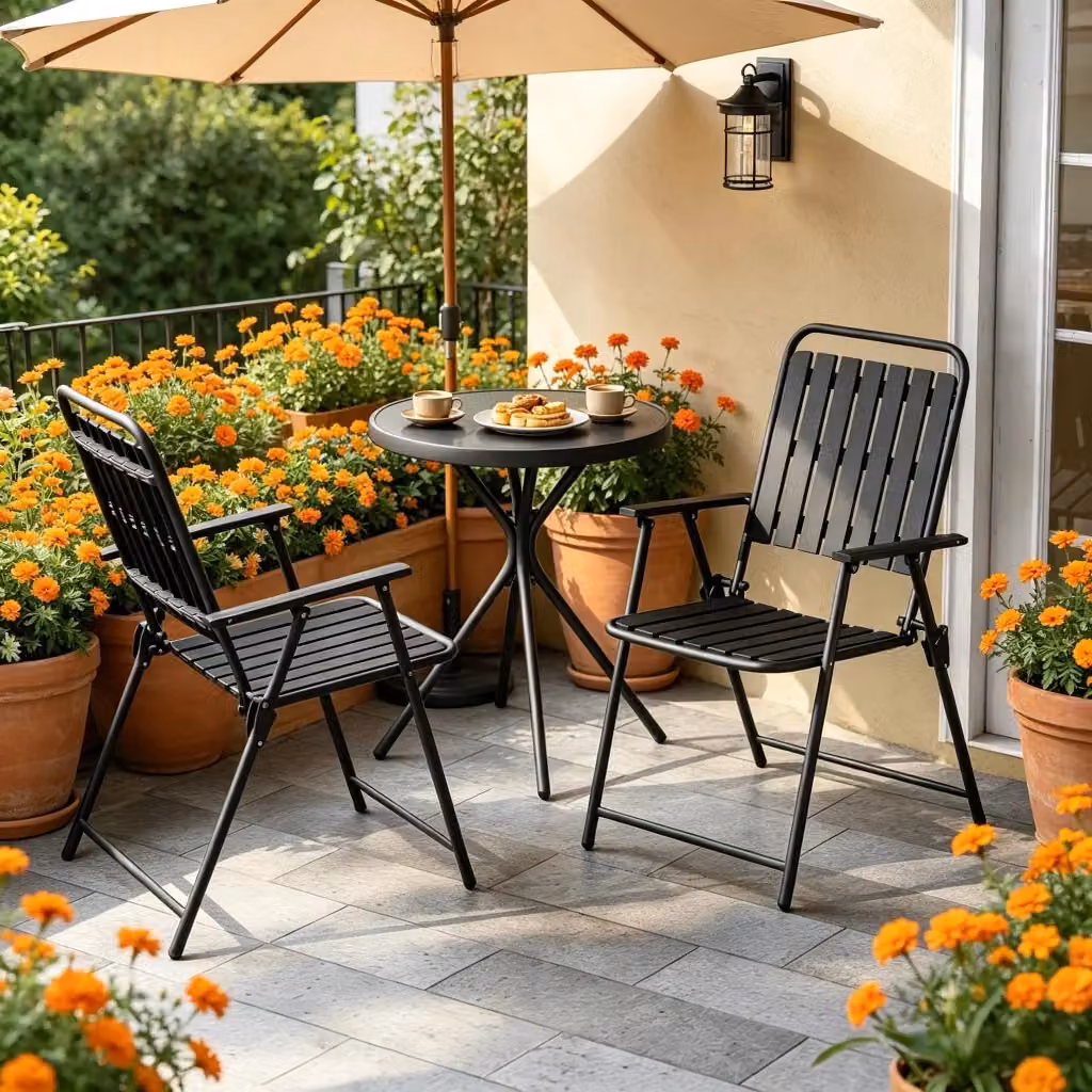 Set da giardino REDOM composto da tavolo rotondo con piano in vetro e 2 sedie pieghevoli nero opaco – 2