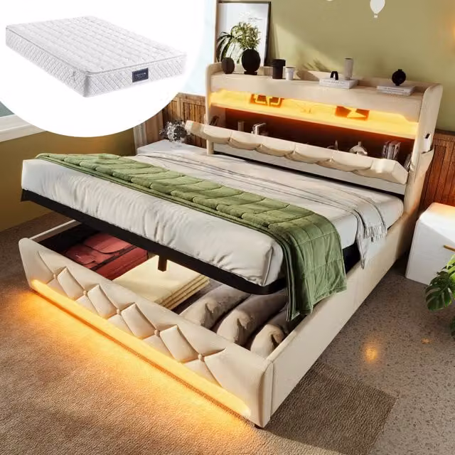 Letto matrimoniale 160x200 cm con contenitore idraulico; LED e materasso beige