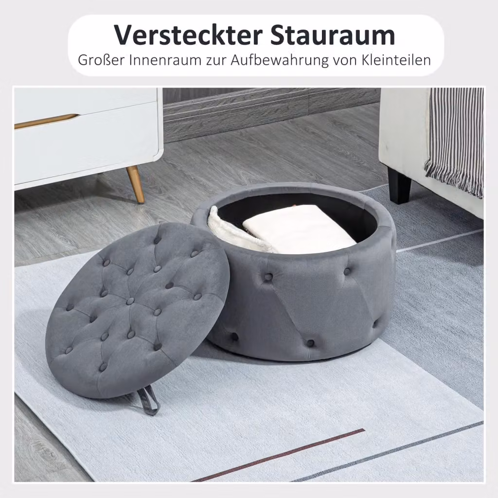 Pouf contenitore rotondo OKWISH in velluto grigio con seduta imbottita per soggiorno e camera da letto Ø60 x H 40 cm – 2