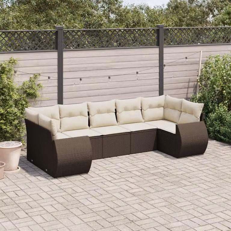 Set di divani da giardino vidaXL 7 pezzi in polyrattan marrone e bianco con cuscini imbottiti e coperture rimovibili