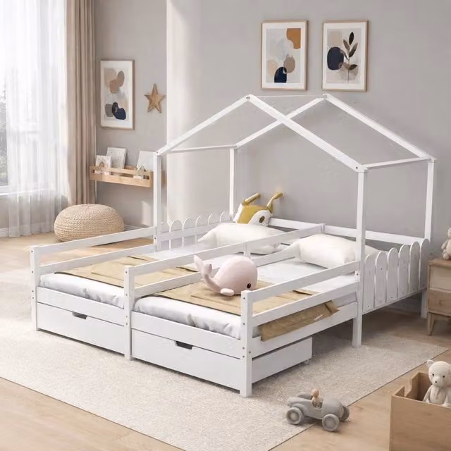 Letto a casetta per bambini in legno di pino e MDF bianco con cassetti L/P/H: 208 x 90 x 188,5 cm