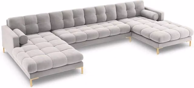 Divano panoramico Bali da 7 posti Cosmopolitan Design in velluto argento con forma a L e struttura in metallo
