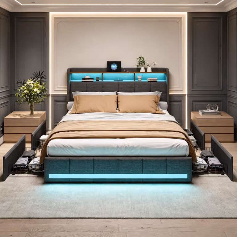 Letto imbottito INONEFT, 140x200 cm, con funzione di ricarica USB, letto per ragazzi/matrimoniale con 4 cassetti, letto contenitore con rete a doghe e illuminazione LED, tessuto in lino, colore grigio