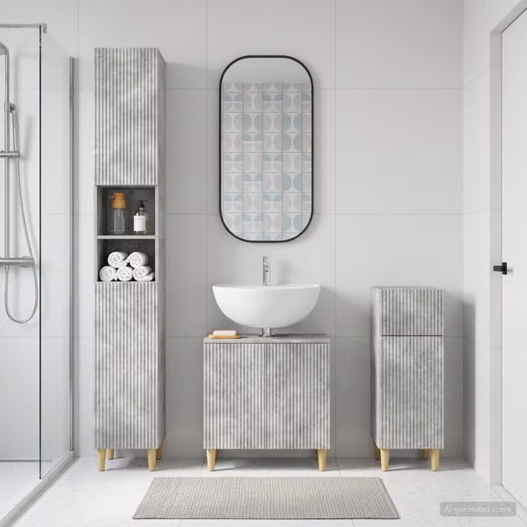 Set di armadietti da bagno vidaXL ARNHEM in 3 pezzi, Grigio Cemento, design moderno con ante a cerniera e ripiani interni