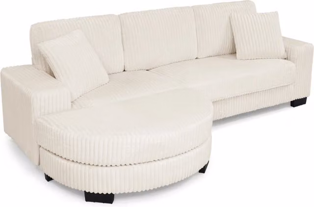 Divano angolare a L 4 posti in velluto a coste beige con poggiapiedi ovale modulare e 2 cuscini, 256,5 x 133,5 x 89 cm