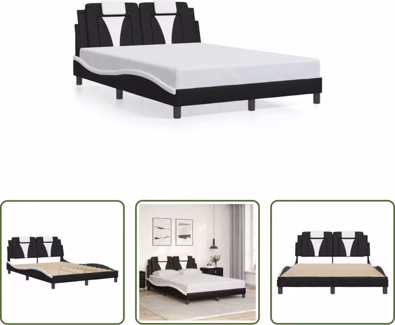 The Living Store Giroletto con testiera bianco e nero 140x190 cm in ecopelle