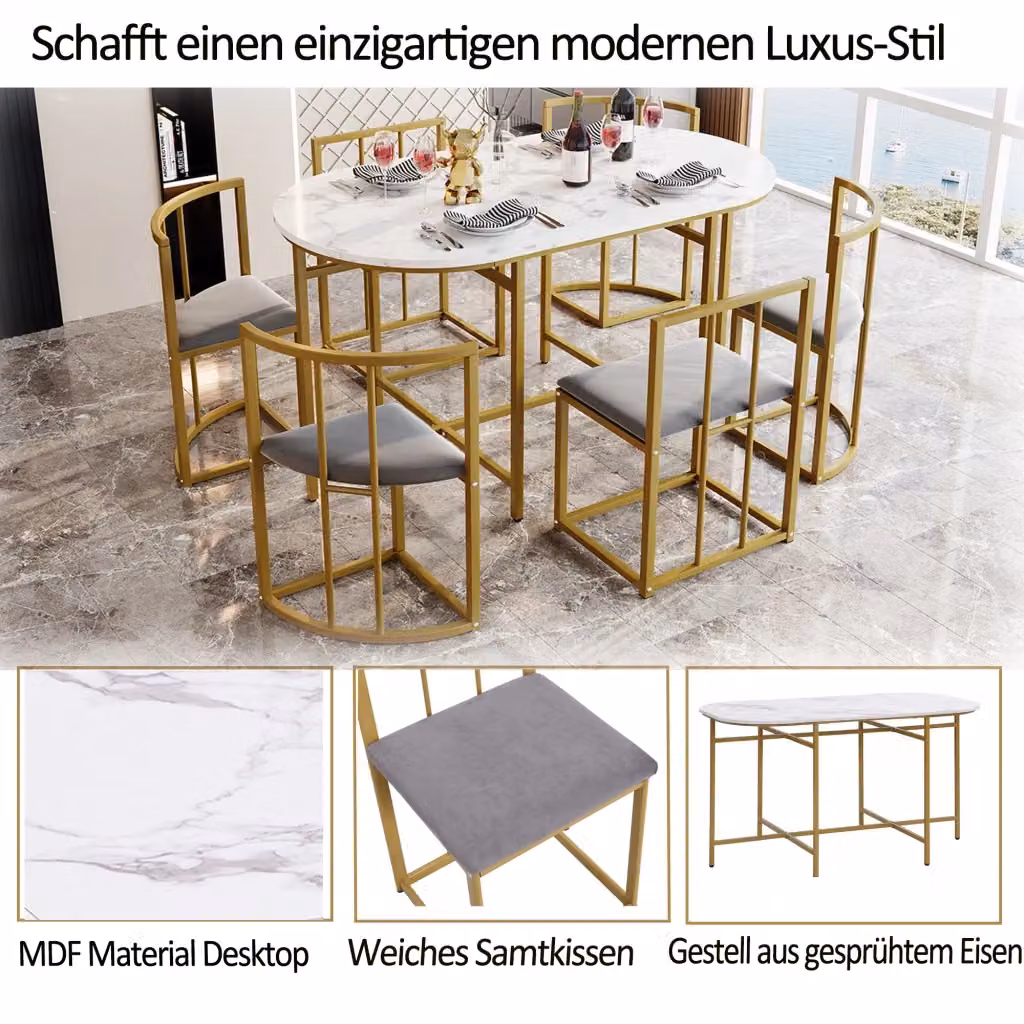 Set da pranzo moderno REDOM composto da tavolo e 6 sedie in MDF e metallo, colori bianco, oro e grigio – 2