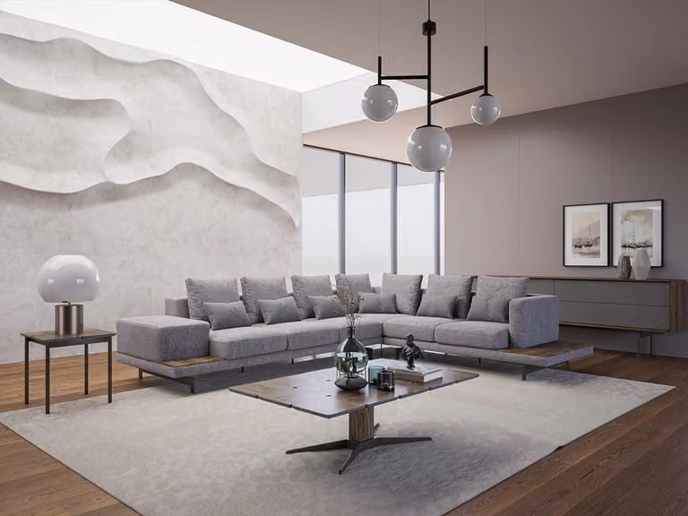 Luxus Grau Polstersofa L-Form Holz Couchtisch mit Beistelltisch Wohnzimmer