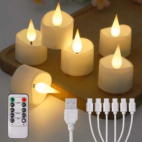 Luminari a LED senza fiamma, telecomando per candele, telecomando a 10 tasti e 2 cavi di ricarica per 6 candele