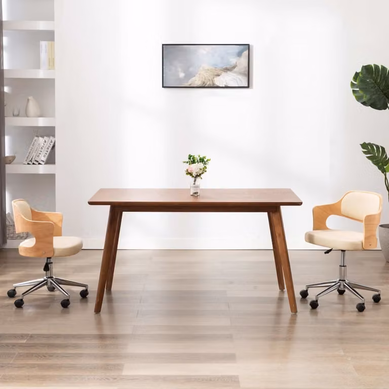 The Living Store Sedia da ufficio girevole in legno curvato e Pelle finta color crema