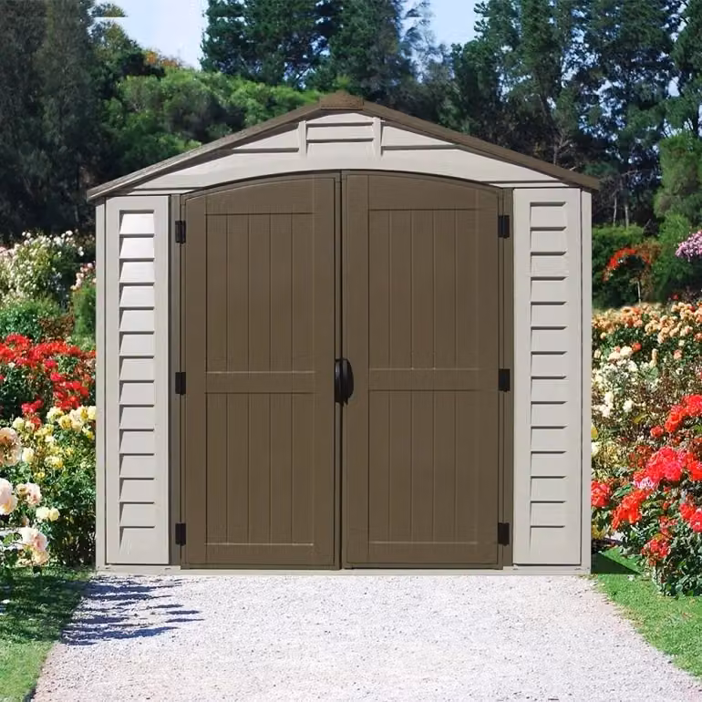Casetta da giardino Duramax Premier in PVC e acciaio zincato, colore marrone e beige, con doppia porta e finestra, L/P/H: 246 x 247 x 235 cm – 2