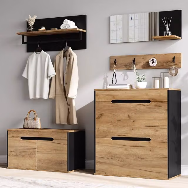 Guardaroba modulare da ingresso in legno e nero; mobile ingresso con scarpiera e panca 156x36x176cm