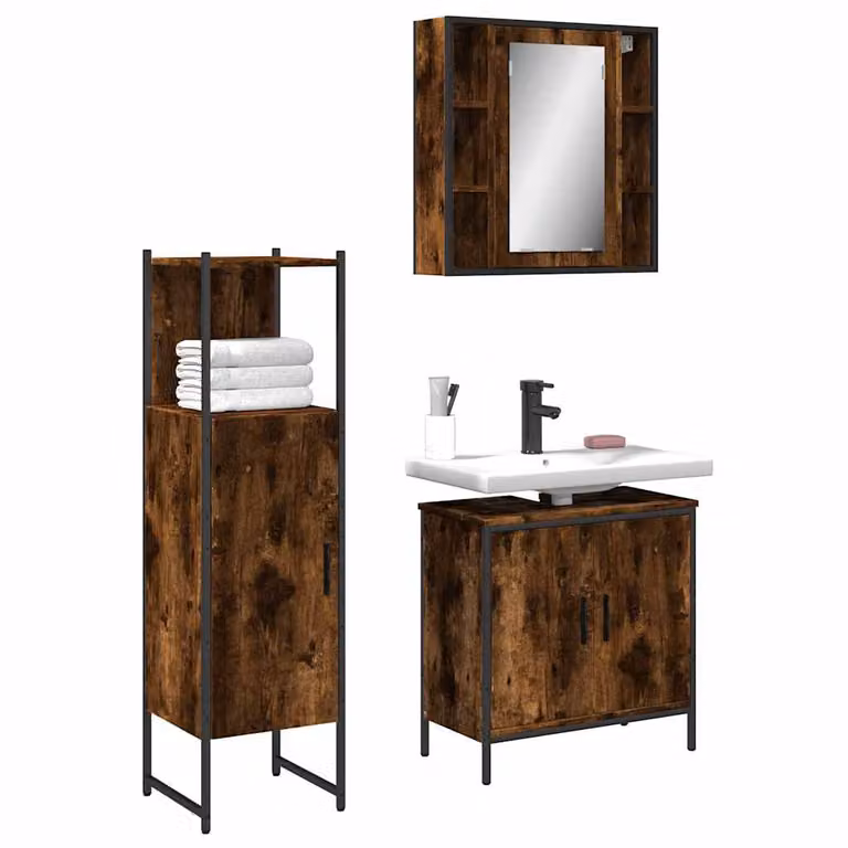 Set di mobili da bagno vidaXL 3 pezzi in legno rovere marrone con armadietto specchio, mobile lavabo e colonna alta