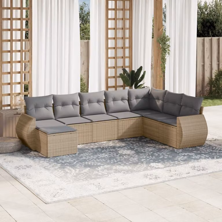 vidaXL Set Divano da Giardino a L 8 pz in Polyrattan con Cuscini Beige e Grigio e Ottoman