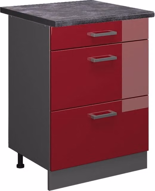 Mobiletto base per cucina R-Line Rosso lucido/Antracite 60 cm con cassetti, PL Antracite Vicco