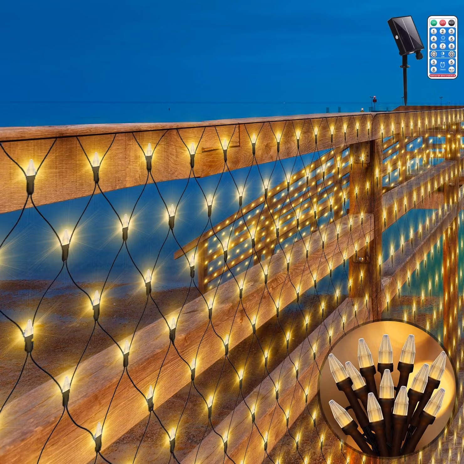Catena luminosa, dimensioni 3x2 metri, 200 LED, alimentazione solare, luce bianca calda, con telecomando