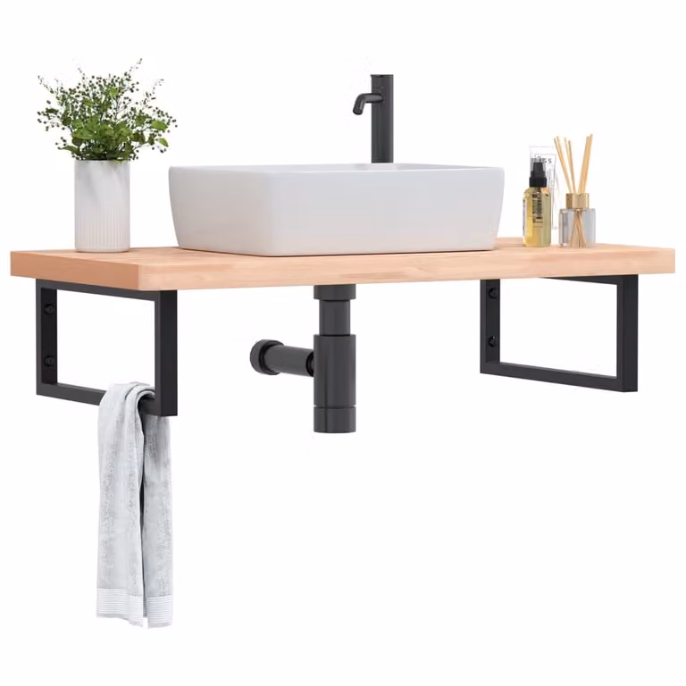 vidaXL Ripiano a Parete per Lavabo in Acciaio e Faggio, Nero e Marrone