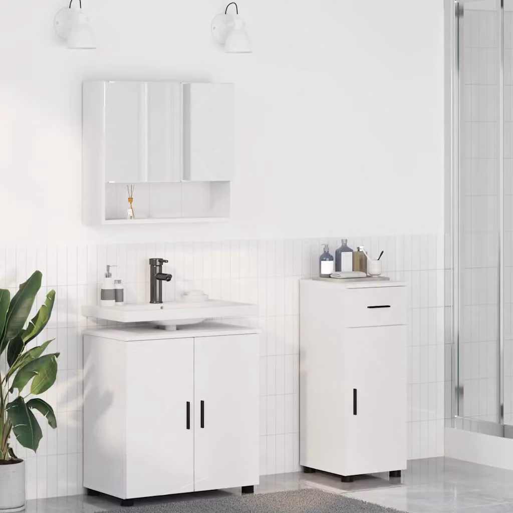 Set di mobili per il bagno vidaXL composto da 3 pezzi in bianco, con mobile lavabo, armadietto con specchio e mobile laterale, L/P/H: 61 x 35 x 64 cm