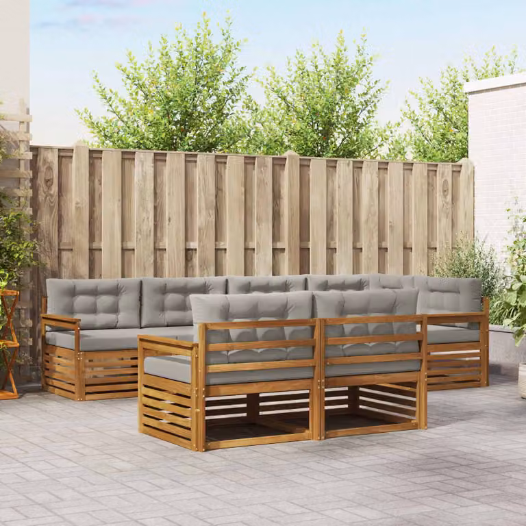 Set di divani da esterno vidaXL 7 pz in legno di acacia con cuscini grigi e marroni in stile moderno a forma di L per giardino e terrazza