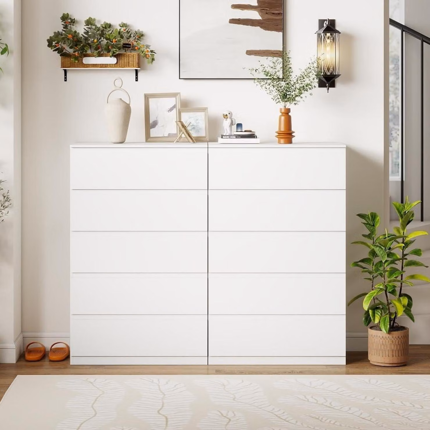 Comodino con 5 cassetti, bianco, in MDF, set da 2, dimensioni 60 x 40 x 120,5 cm