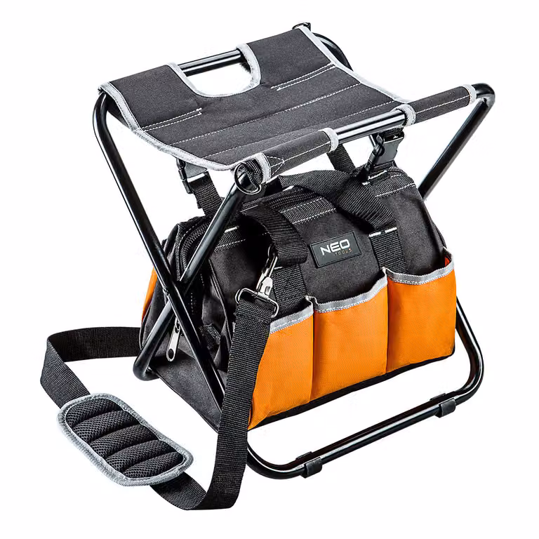 NEO TOOLS Borsa porta attrezzi - Borsa porta attrezzi professionale - Borsa porta attrezzi per appassionati di bricolage e hobbisti - Dimensioni 33,8 x 33,5 x 30 cm con sgabello pieghevole