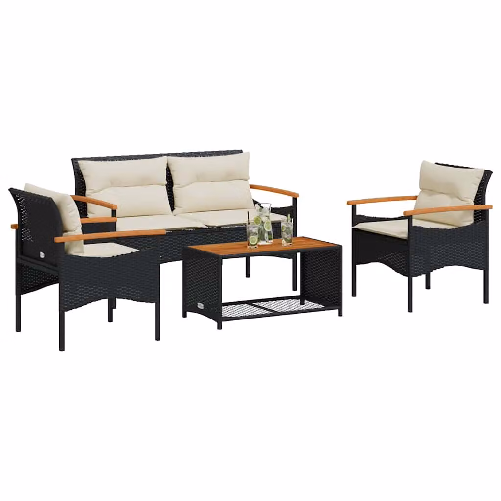 Set da giardino vidaXL composto da 2 divani a 2 posti, 2 poltrone e tavolino da caffè, in rattan con struttura in acciaio verniciato a polvere e cuscini inclusi con rivestimenti rimovibili, colore nero e bianco
