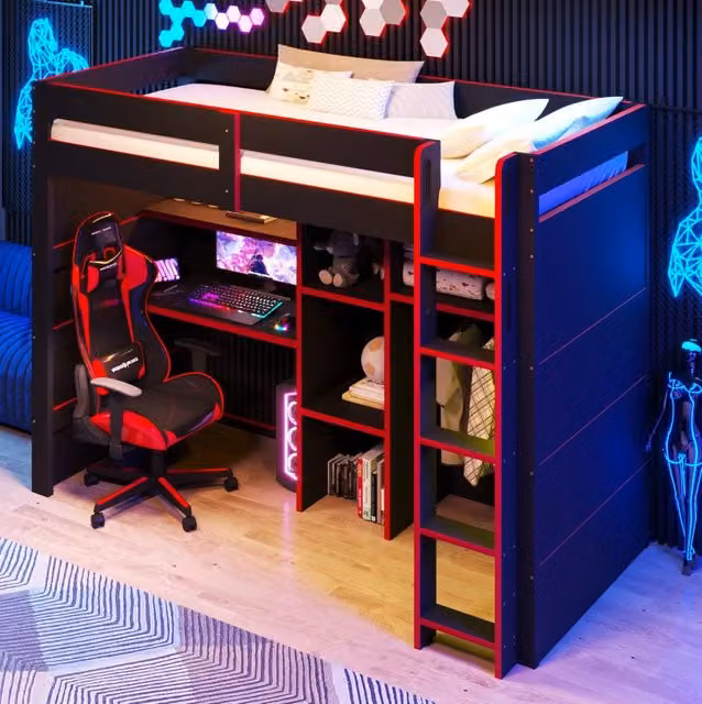 Letto a castello gaming in legno 90x200 cm con scrivania, armadio, LED e porta USB, nero e rosso