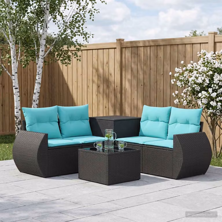 Set di divani da giardino vidaXL in rattan e acciaio, 6 pezzi, nero e blu