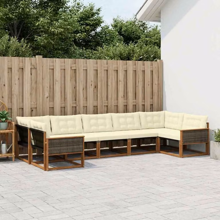vidaXL Set di divani da esterno a L composto da 7 pezzi in legno di acacia e tessuto textilene, colore beige e bianco