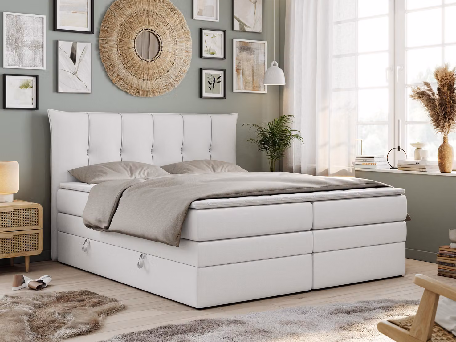 Letto boxspring con materasso a molle insacchettate a 7 zone e topper - PREMIUM-10-KING - 200x200 cm - Bianco - H3