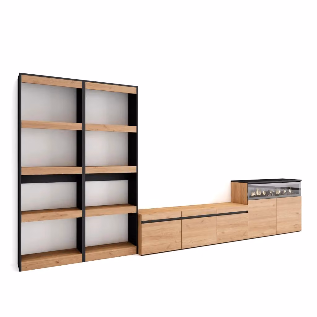 Mobile TV da soggiorno SKRAUT HOME con camino elettrico per TV fino a 65 pollici, colore Rovere e nero, L: 370 cm, P: 35 cm, H: 186 cm – 2