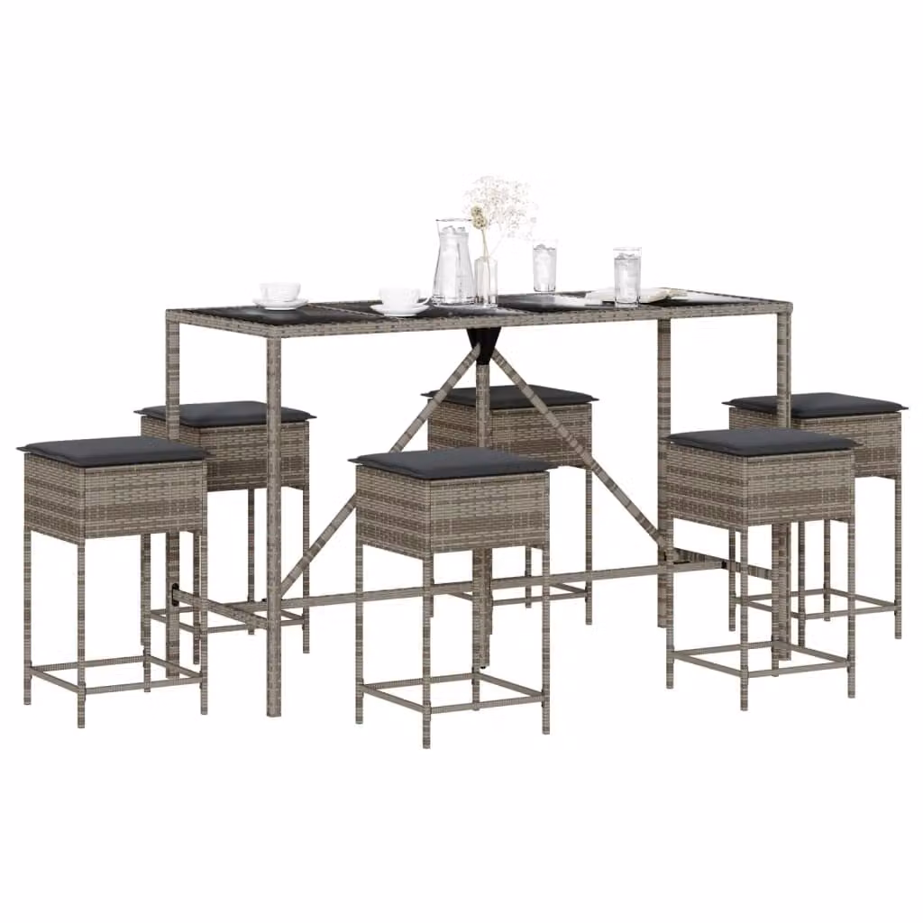 Set Bar da Giardino vidaXL in Polyrattan Grigio e Nero con 7 Pezzi e Cuscini