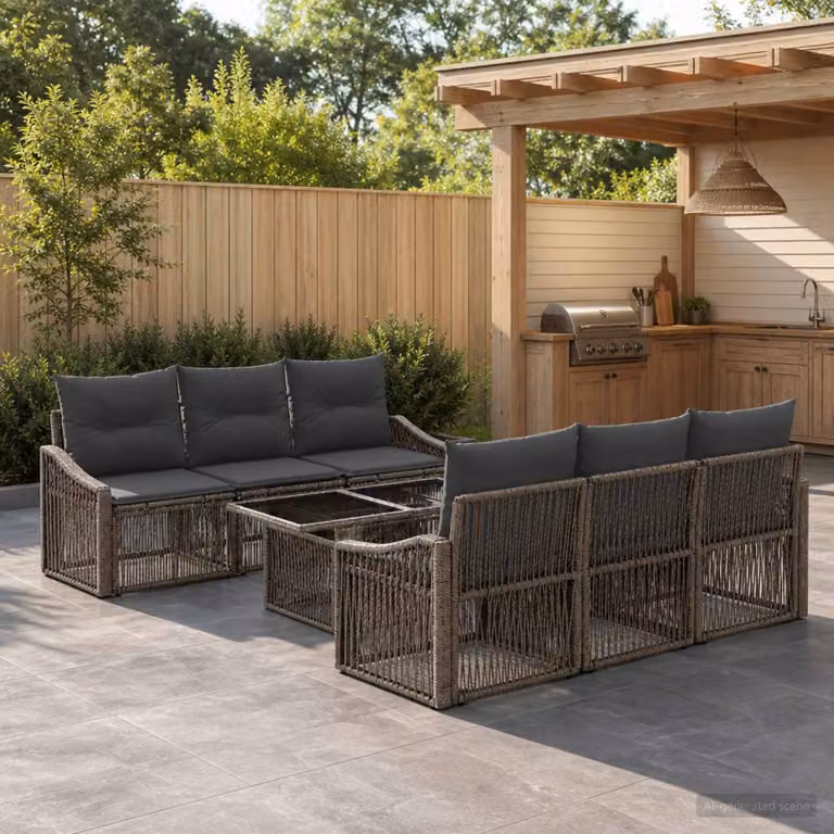 Set Divano da Giardino vidaXL 7 Pezzi in Polyrattan Grigio e Antracite con Cuscini e Struttura in Metallo