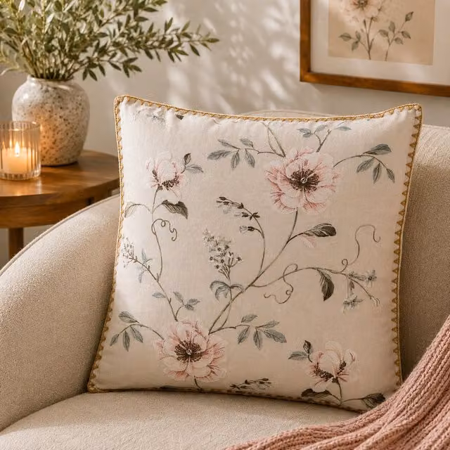 Cuscino quadrato KASANOVA con motivo floreale beige, rosa e verde, L/P: 45 x 45 cm